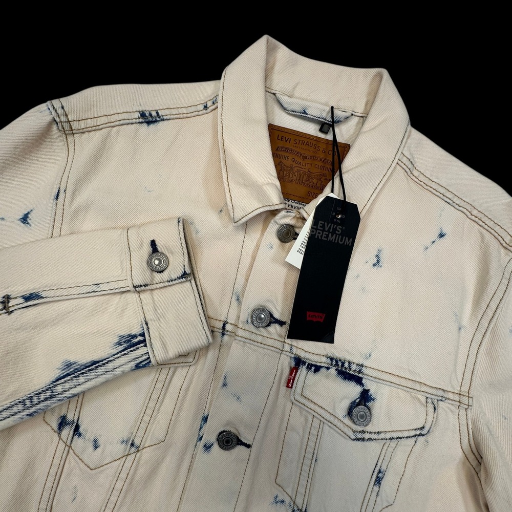 Levi's Premium Trucker Jacket Mens M Cream Saltwater Bleach Tie Dye Denim‎ NEW